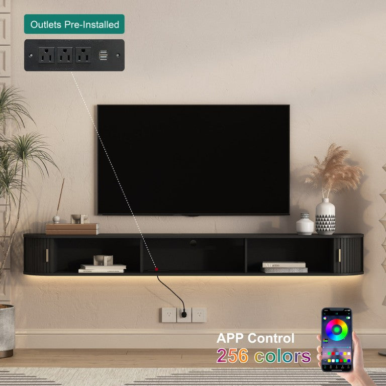 English Elm Floating Wall Mounted TV Console with LED Backlighting Mid Century Curved Sliding Doors Black W1321P568927