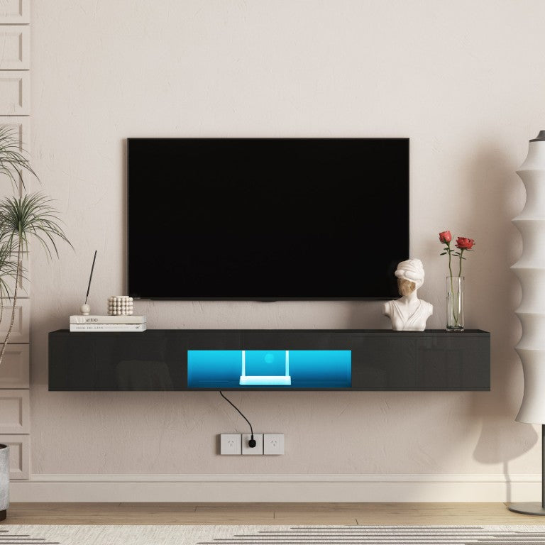 English Elm Floating Wall Mounted TV Stand with LED Backlighting Gloss Cabinet for Living Room W1321P586129