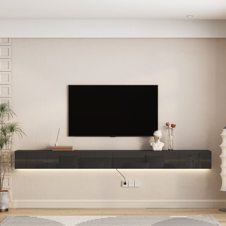 English Elm Flloating Wall Mounted TV Stand High Gloss Cabinet with 16 Color LED Ambient Lighting Black W1321P604696