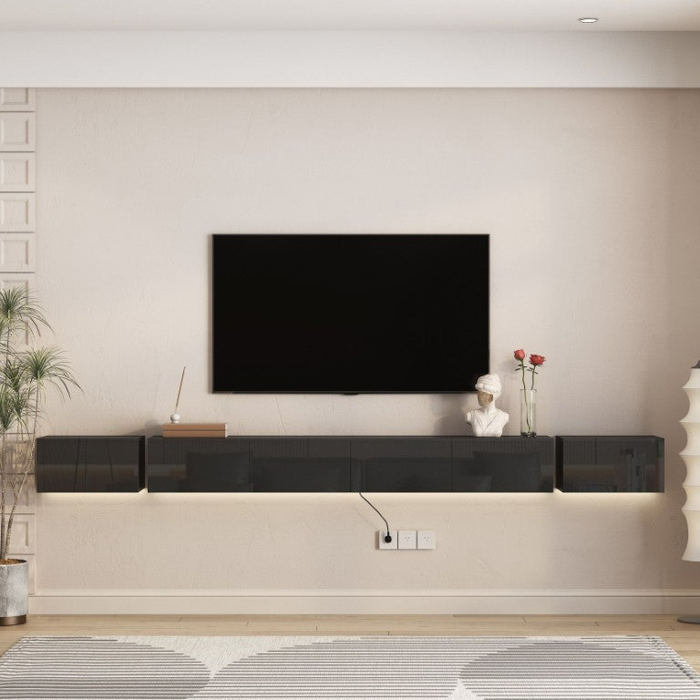 English Elm Flloating Wall Mounted TV Stand High Gloss Cabinet with 16 Color LED Ambient Lighting Black W1321P604696