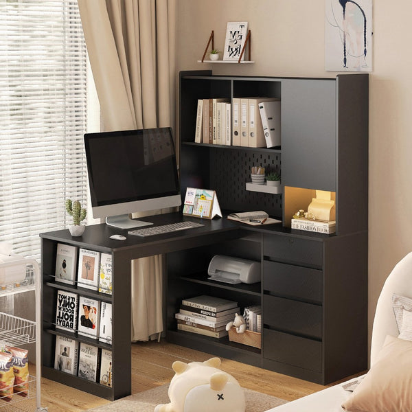 English Elm L Shaped Corner Desk with Led Lighting Built-in Charger Storage Cabinet Home Office W1321S00048