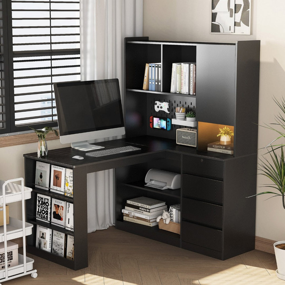 English Elm L Shaped Corner Desk with Led Lighting Built-in Charger Storage Cabinet Home Office W1321S00048