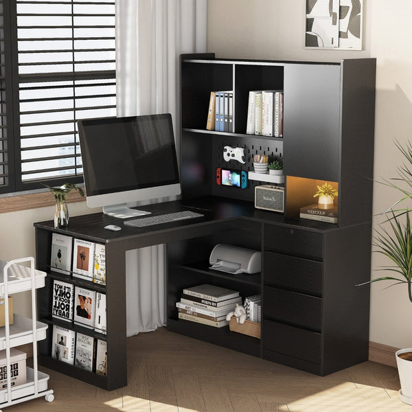 English Elm L Shaped Corner Desk with Led Lighting Built-in Charger Storage Cabinet Home Office W1321S00048