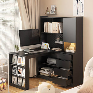 English Elm L Shaped Corner Desk with Led Lighting Built-in Charger Storage Cabinet Home Office W1321S00048