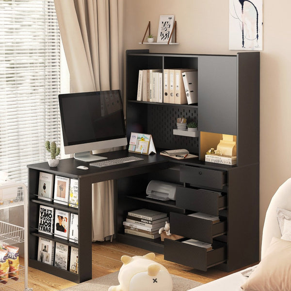 English Elm L Shaped Corner Desk with Led Lighting Built-in Charger Storage Cabinet Home Office W1321S00048