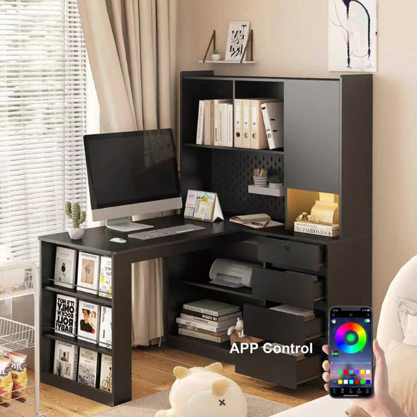 English Elm L Shaped Corner Desk with Led Lighting Built-in Charger Storage Cabinet Home Office W1321S00048
