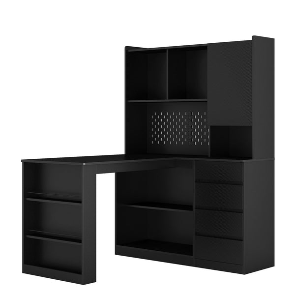 English Elm L Shaped Corner Desk with Led Lighting Built-in Charger Storage Cabinet Home Office W1321S00048