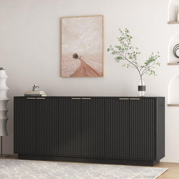 English Elm Modern Fluted Buffet Sideboard with Adjustable Interior Shelving for Dining or Bar Black W1321S00058
