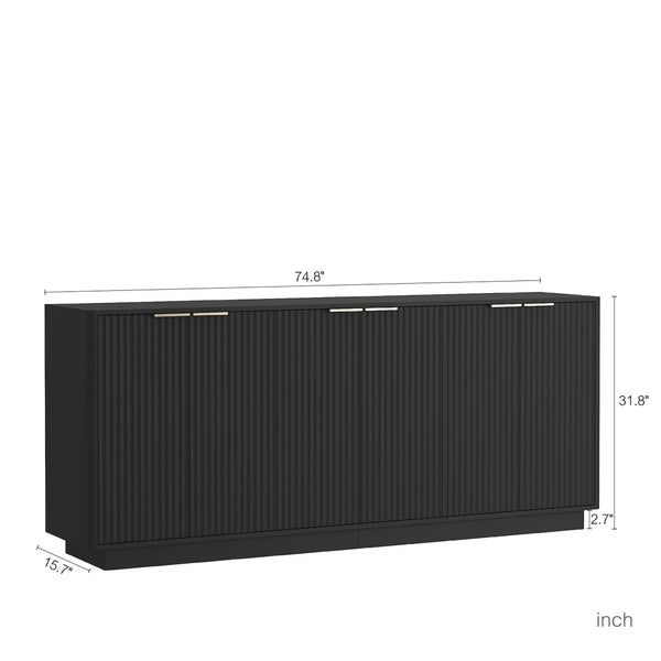English Elm Modern Fluted Buffet Sideboard with Adjustable Interior Shelving for Dining or Bar Black W1321S00058