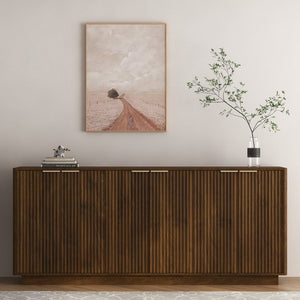 English Elm Modern Fluted Buffet Sideboard with Adjustable Interior Shelving for Dining or Bar Brown W1321S00059