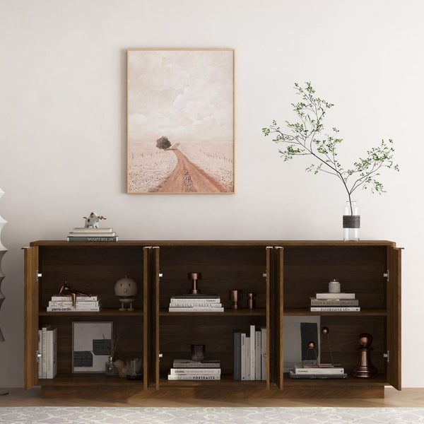 English Elm Modern Fluted Buffet Sideboard with Adjustable Interior Shelving for Dining or Bar Brown W1321S00059