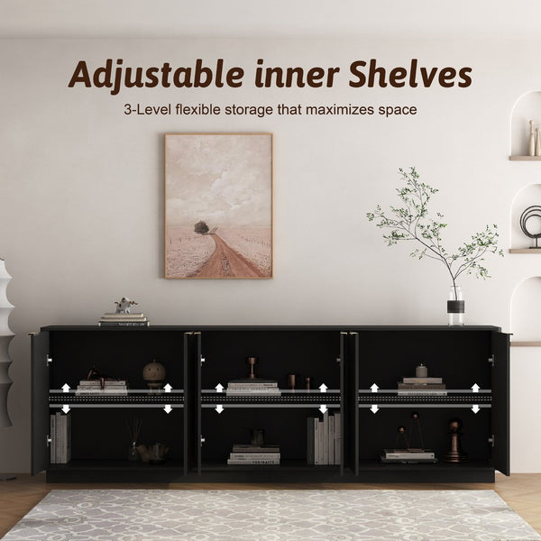 English Elm Black Fluted Sideboard with Six Compartments for Dining Room or Living Space W1321S00060