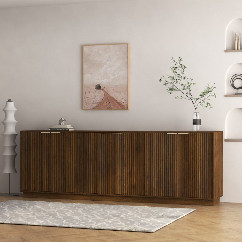 English Elm Modern Fluted Credenza with Six Compartments and Adjustable Shelving for Dining Rooms W1321S00061