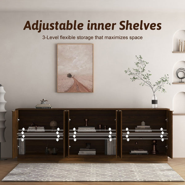 English Elm Modern Fluted Credenza with Six Compartments and Adjustable Shelving for Dining Rooms W1321S00061