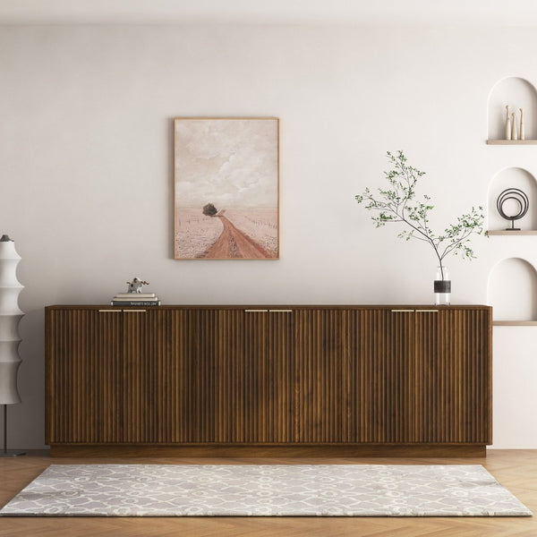 English Elm Modern Fluted Credenza with Six Compartments and Adjustable Shelving for Dining Rooms W1321S00061