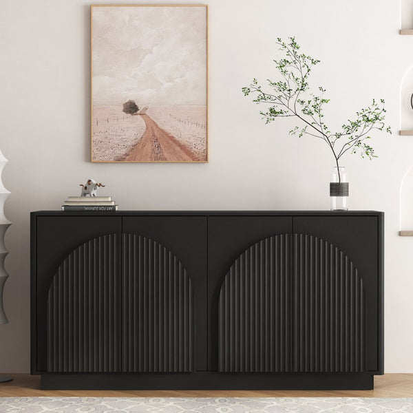 English Elm Black Fluted Matte Sideboard with Adjustable Interior Shelving for Dining or Living Rooms W1321S00062