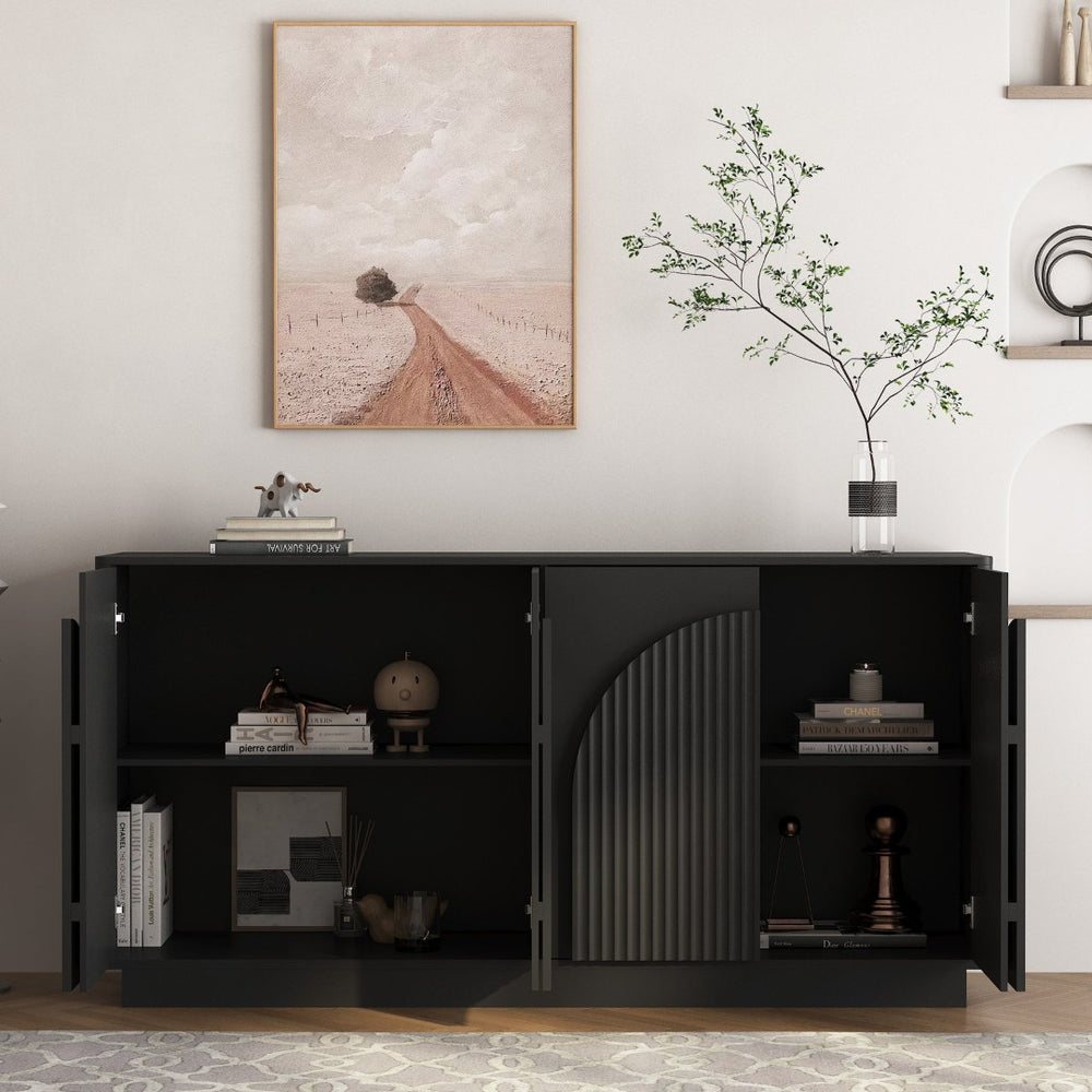 English Elm Black Fluted Matte Sideboard with Adjustable Interior Shelving for Dining or Living Rooms W1321S00062
