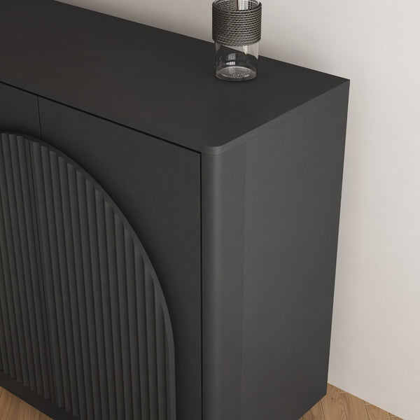 English Elm Black Fluted Matte Sideboard with Adjustable Interior Shelving for Dining or Living Rooms W1321S00062