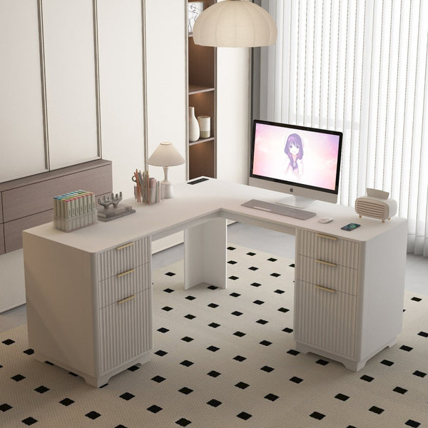 English Elm L Shaped Corner Desk with Bookshelf Storage and Built in Charging for Home Office White W1321S00067