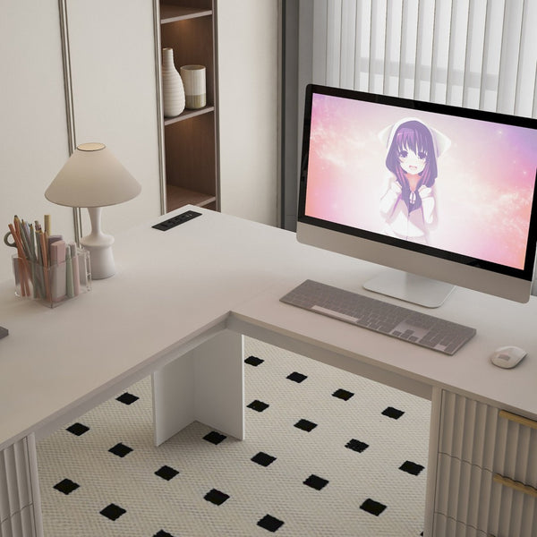 English Elm L Shaped Corner Desk with Bookshelf Storage and Built in Charging for Home Office White W1321S00067