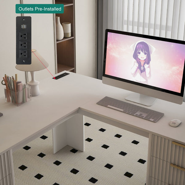 English Elm L Shaped Corner Desk with Bookshelf Storage and Built in Charging for Home Office White W1321S00067