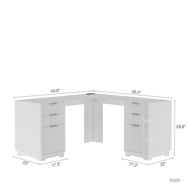 English Elm L Shaped Corner Desk with Bookshelf Storage and Built in Charging for Home Office White W1321S00067