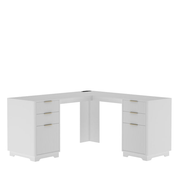 English Elm L Shaped Corner Desk with Bookshelf Storage and Built in Charging for Home Office White W1321S00067
