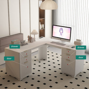 English Elm L Shaped Corner Desk with Bookshelf Storage and Built in Charging for Home Office White W1321S00067