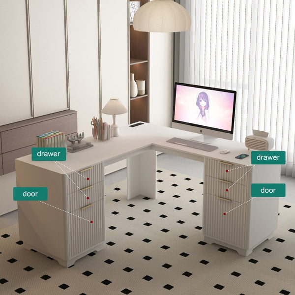 English Elm L Shaped Corner Desk with Bookshelf Storage and Built in Charging for Home Office White W1321S00067