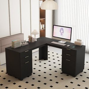 English Elm L Shaped Corner Desk with Bookshelf Storage and Built in Charging for Home Office Black W1321S00068