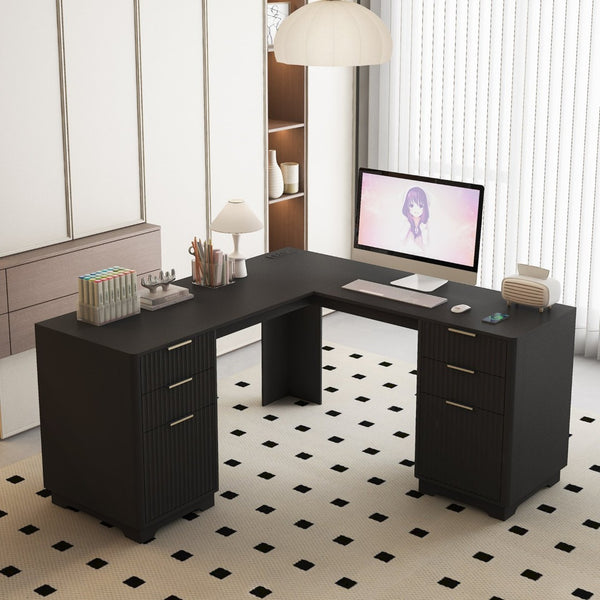 English Elm L Shaped Corner Desk with Bookshelf Storage and Built in Charging for Home Office Black W1321S00068