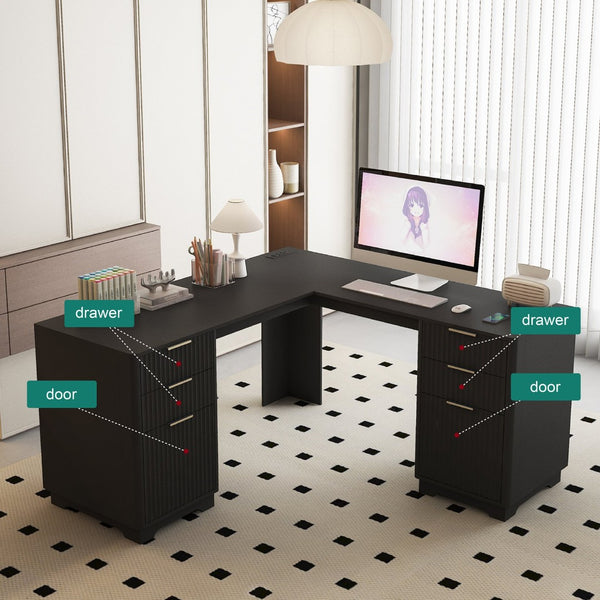 English Elm L Shaped Corner Desk with Bookshelf Storage and Built in Charging for Home Office Black W1321S00068