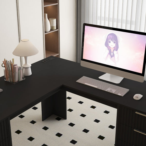 English Elm L Shaped Corner Desk with Bookshelf Storage and Built in Charging for Home Office Black W1321S00068