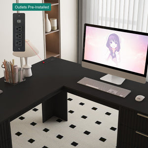 English Elm L Shaped Corner Desk with Bookshelf Storage and Built in Charging for Home Office Black W1321S00068
