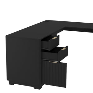 English Elm L Shaped Corner Desk with Bookshelf Storage and Built in Charging for Home Office Black W1321S00068