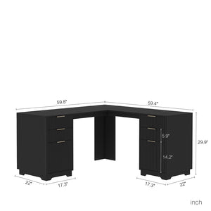 English Elm L Shaped Corner Desk with Bookshelf Storage and Built in Charging for Home Office Black W1321S00068