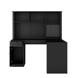 English Elm L Shaped Corner Desk with Built in Charging Station Bookshelf and Carbon Fiber Surface W1321S00071