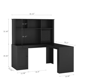 English Elm L Shaped Corner Desk with Built in Charging Station Bookshelf and Carbon Fiber Surface W1321S00071