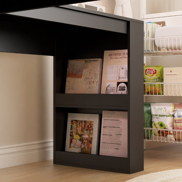 English Elm L Shaped Corner Desk with Built in Charging Station Bookshelf and Carbon Fiber Surface W1321S00071