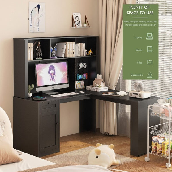 English Elm L Shaped Corner Desk with Built in Charging Station Bookshelf and Carbon Fiber Surface W1321S00071