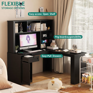 English Elm L Shaped Corner Desk with Built in Charging Station Bookshelf and Carbon Fiber Surface W1321S00071