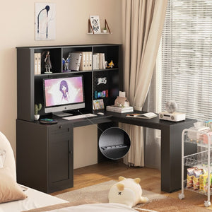 English Elm L Shaped Corner Desk with Built in Charging Station Bookshelf and Carbon Fiber Surface W1321S00071