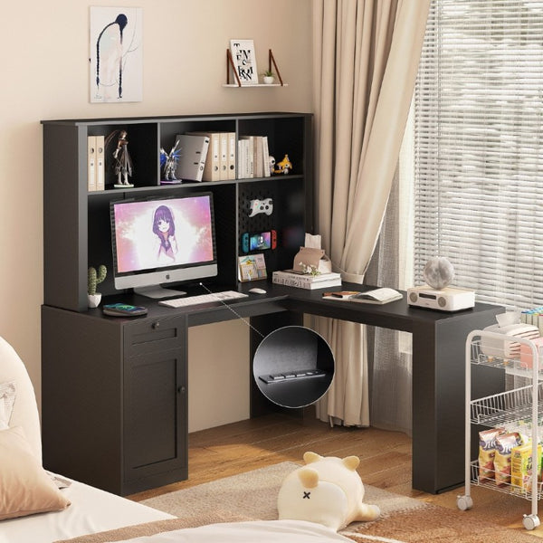 English Elm L Shaped Corner Desk with Built in Charging Station Bookshelf and Carbon Fiber Surface W1321S00071