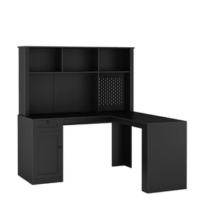 English Elm L Shaped Corner Desk with Built in Charging Station Bookshelf and Carbon Fiber Surface W1321S00071