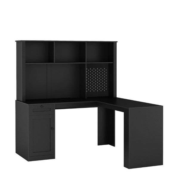 English Elm L Shaped Corner Desk with Built in Charging Station Bookshelf and Carbon Fiber Surface W1321S00071