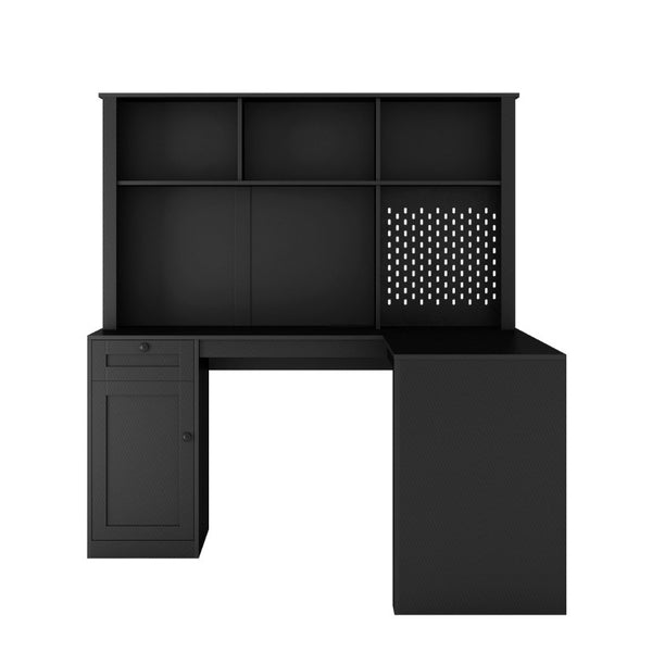 English Elm L Shaped Corner Desk with Built in Charging Station Bookshelf and Carbon Fiber Surface W1321S00071