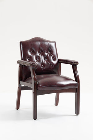 English Elm Leather Guest Chair Tufted Mahogany Wood Faux Upholstery Padded Executive Office Seating Burgundy W1333P488907