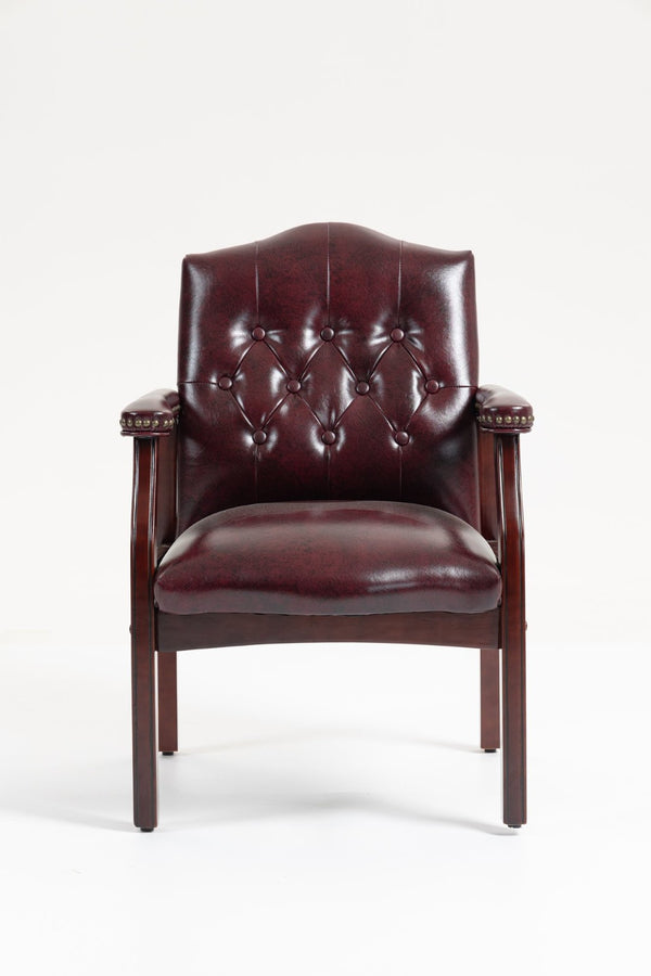 English Elm Leather Guest Chair Tufted Mahogany Wood Faux Upholstery Padded Executive Office Seating Burgundy W1333P488907