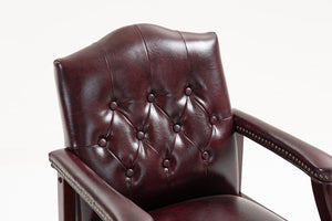 English Elm Leather Guest Chair Tufted Mahogany Wood Faux Upholstery Padded Executive Office Seating Burgundy W1333P488907