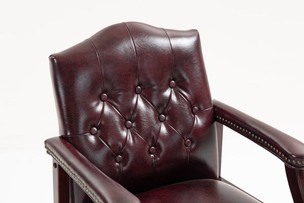 English Elm Leather Guest Chair Tufted Mahogany Wood Faux Upholstery Padded Executive Office Seating Burgundy W1333P488907